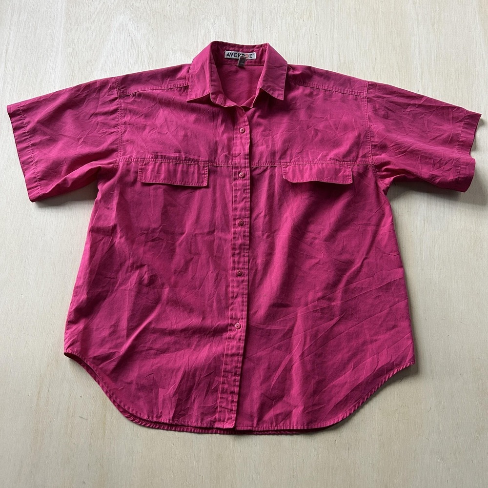 Vintage AVERROE Shirt Mens Medium Pink Solid Short Sleeve Button Up Pockets